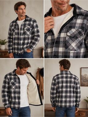 Freedom Foundry Sherpa Lined Plaid Flannel Shirt Jacket / Gray Black White Cozy